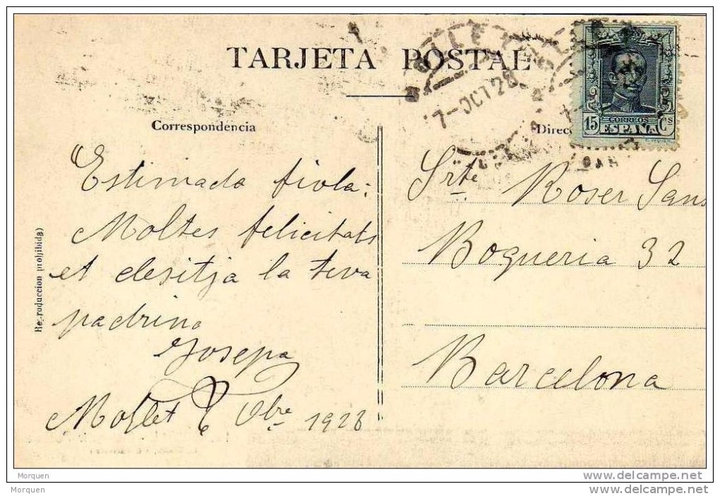 18694. Postal MOLLET (Barcelona)  1928. Alfonso XIII. Monasterio Ripoll - Cartas & Documentos