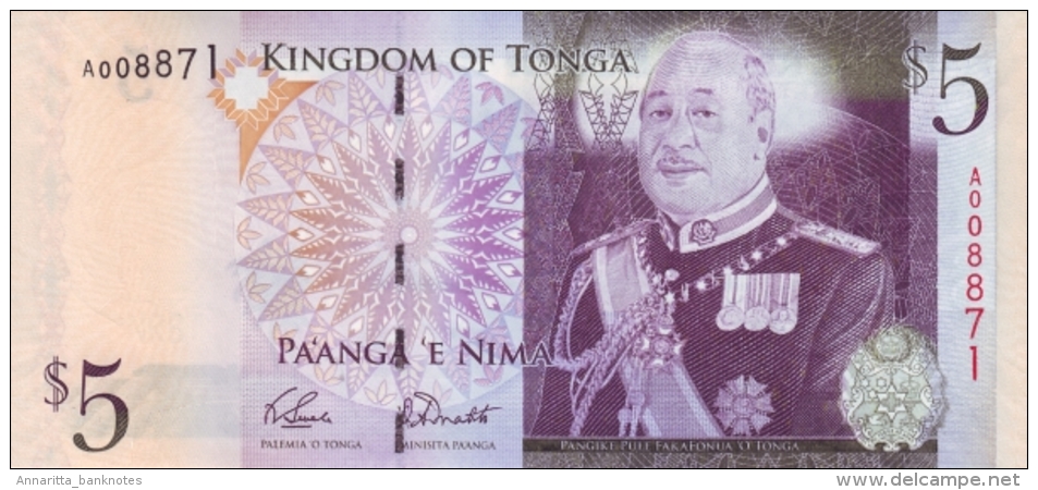 Tonga 5 Pa'Anga ND (2009), Prefix A UNC, P-39a, TO B214a - Tonga