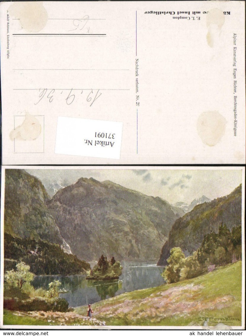 371091,K&uuml;nstler AK E. T. Compton K&ouml;nigssee See M. Insel Christlieger Bergkulisse - Compton, E.T.