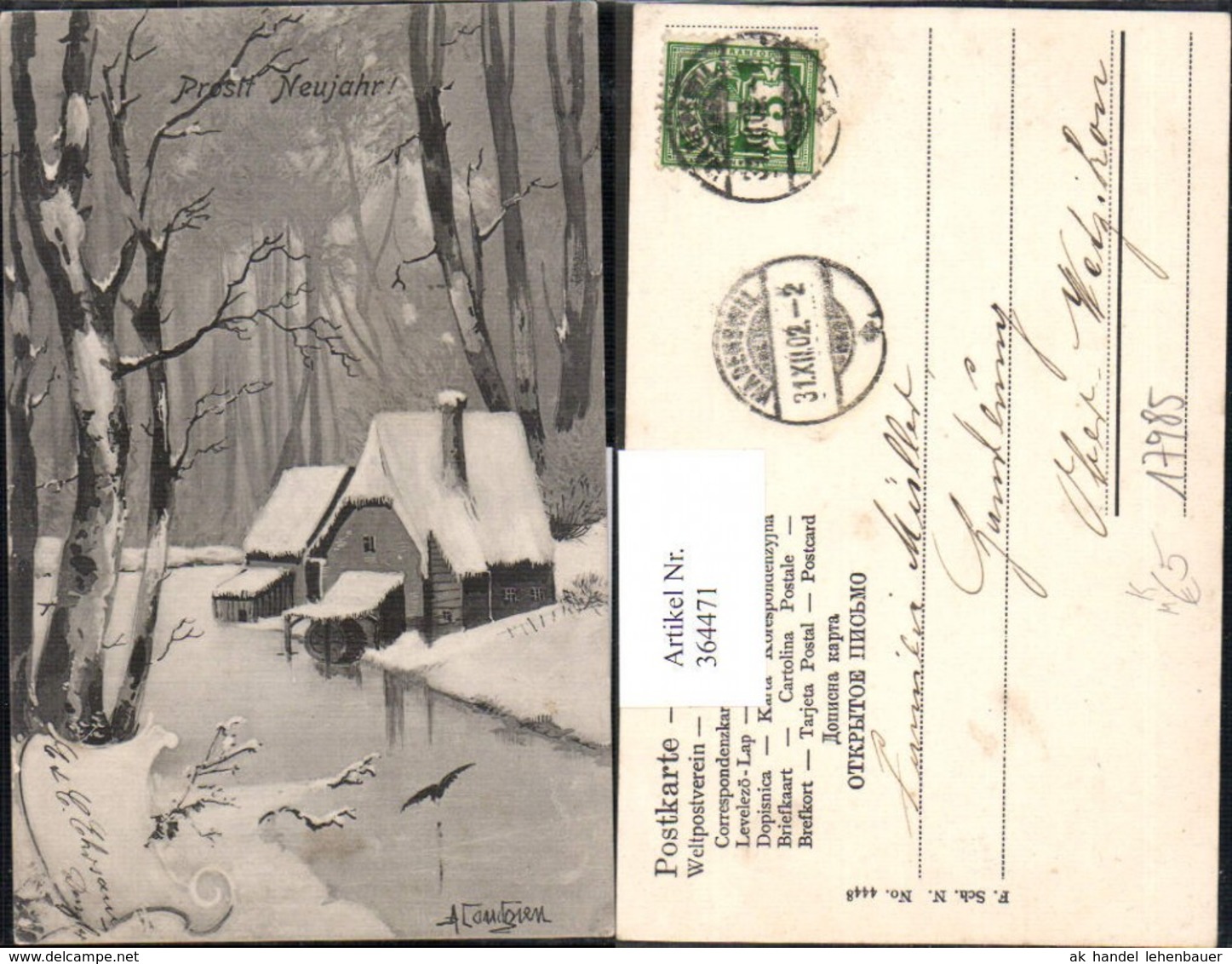 364471,K&uuml;nstler Ak Wasserm&uuml;hle Winterlandschaft Winterwald Neujahr - Wassermühlen