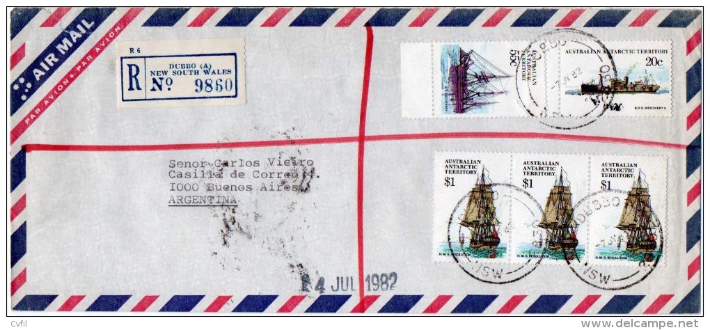 AUSTRALIAN ANTARCTIC TERRITORY 1982 - Registered Air Cover From Dubbo, N.S.W. To Buenos Aires, Argentina - Lettres & Documents