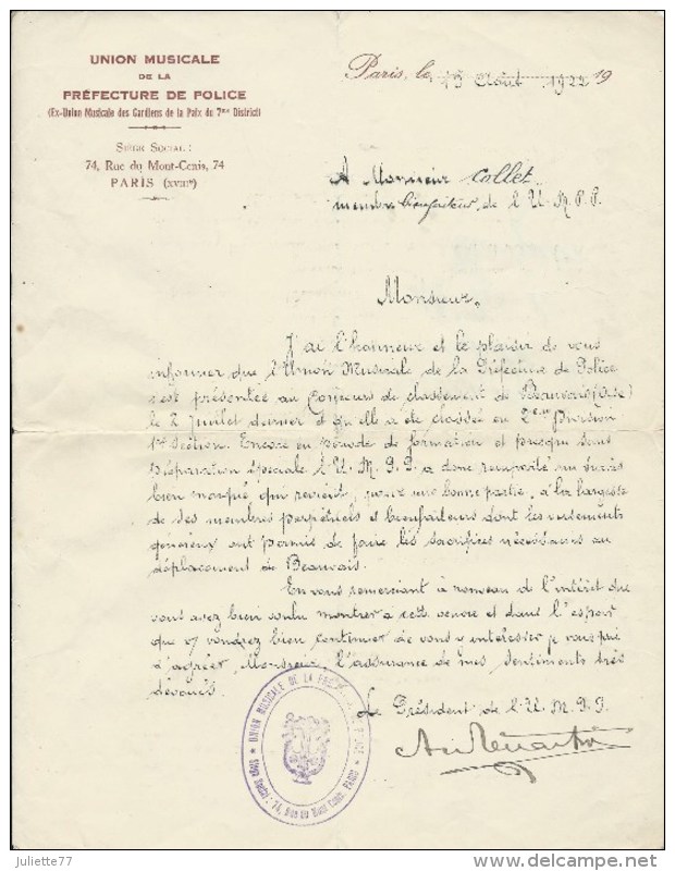 Paris (75), 1922 - Union Musicale De La Préfecture De Police, Bulletin,  Lettre, Cachet, Assemblée Générale - Non Classés
