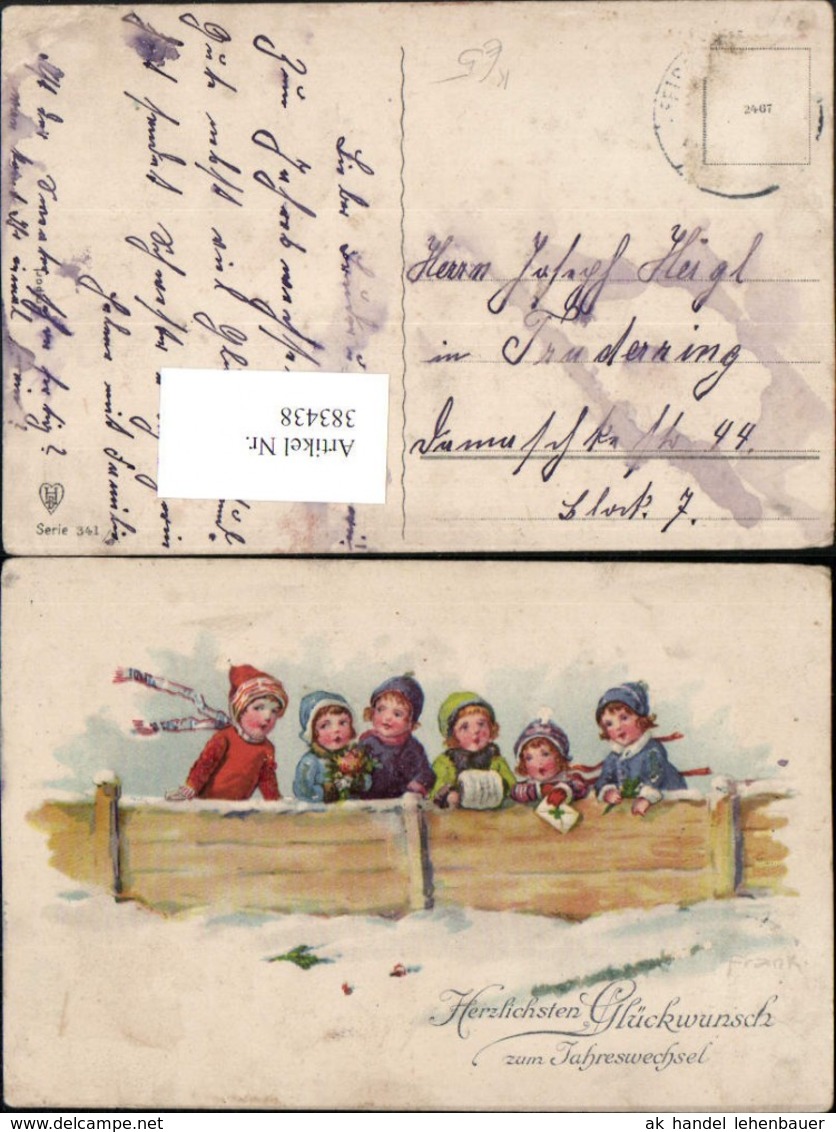 383438,K&uuml;nstler AK Elly Frank Neujahr Kinder M. Hauben Holzzaun Winterbild - Frank, Elly