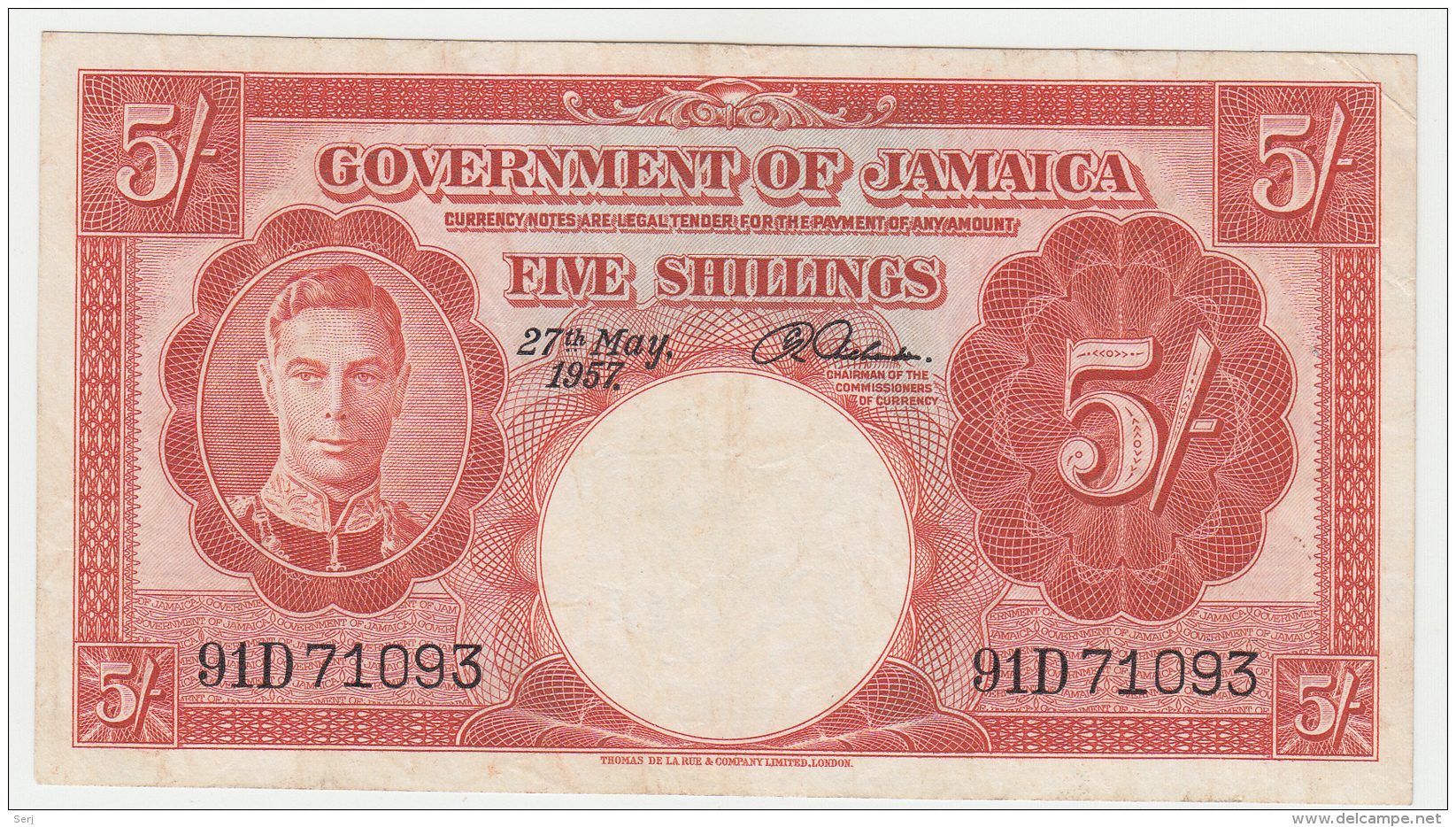 Jamaica 5 Shillings 1957 VF+ P 37b  37 B - Giamaica