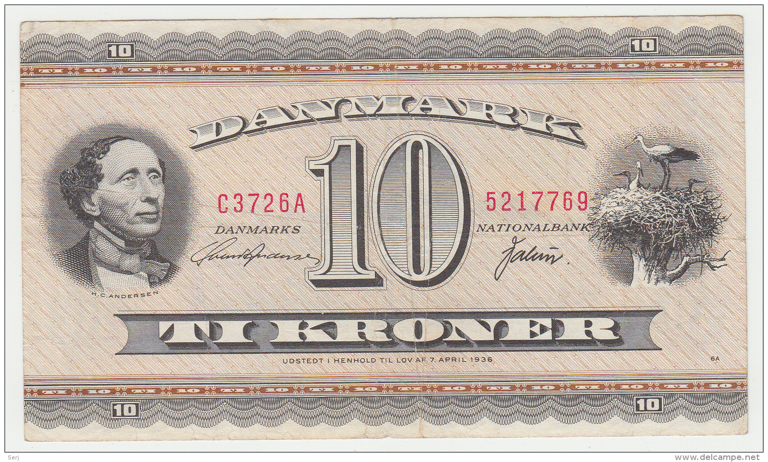 Denmark 10 Kroner 1954 - 1955 VF Crisp RARE Banknote Pick 44b  44 B - Danemark
