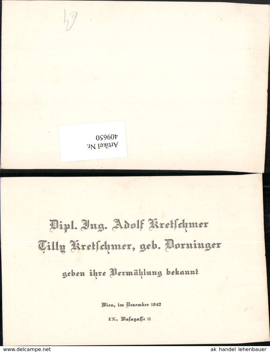 409650,Anzeige Verm&auml;hlung Adolf U. Tilly Kretschmer 1942 - Hochzeiten
