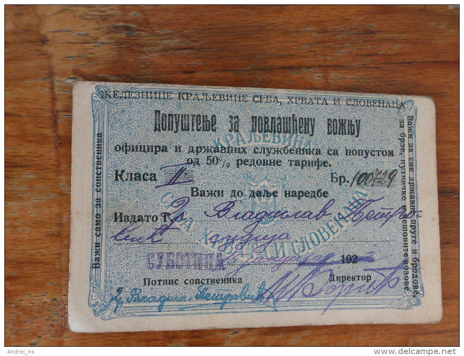 Dopustenje Za Povlascenu Voznju Kraljevina SHS Subotica Concession Ticket To Ride - Chèques & Chèques De Voyage