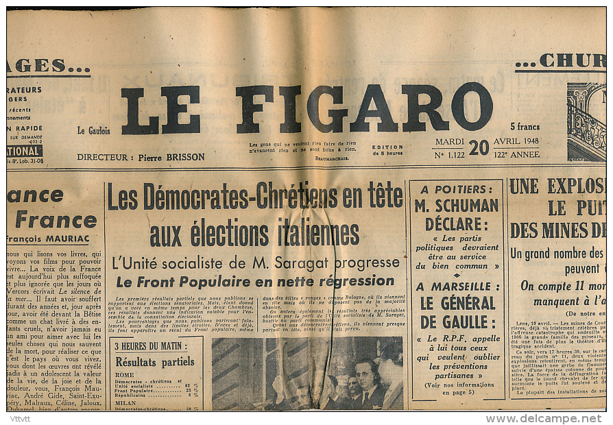 LE FIGARO, Mardi 20 Avril 1948, N° 1122, Front Populaire, Mines De Courrières, De Gaulle, Rome, Bikini, Energie Atomique - Informations Générales