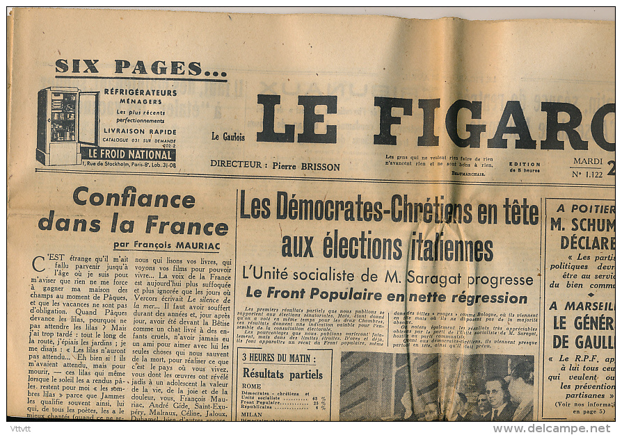 LE FIGARO, Mardi 20 Avril 1948, N° 1122, Front Populaire, Mines De Courrières, De Gaulle, Rome, Bikini, Energie Atomique - Informations Générales
