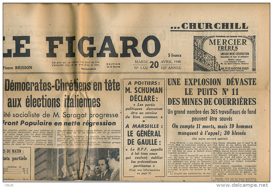 LE FIGARO, Mardi 20 Avril 1948, N° 1122, Front Populaire, Mines De Courrières, De Gaulle, Rome, Bikini, Energie Atomique - Informations Générales