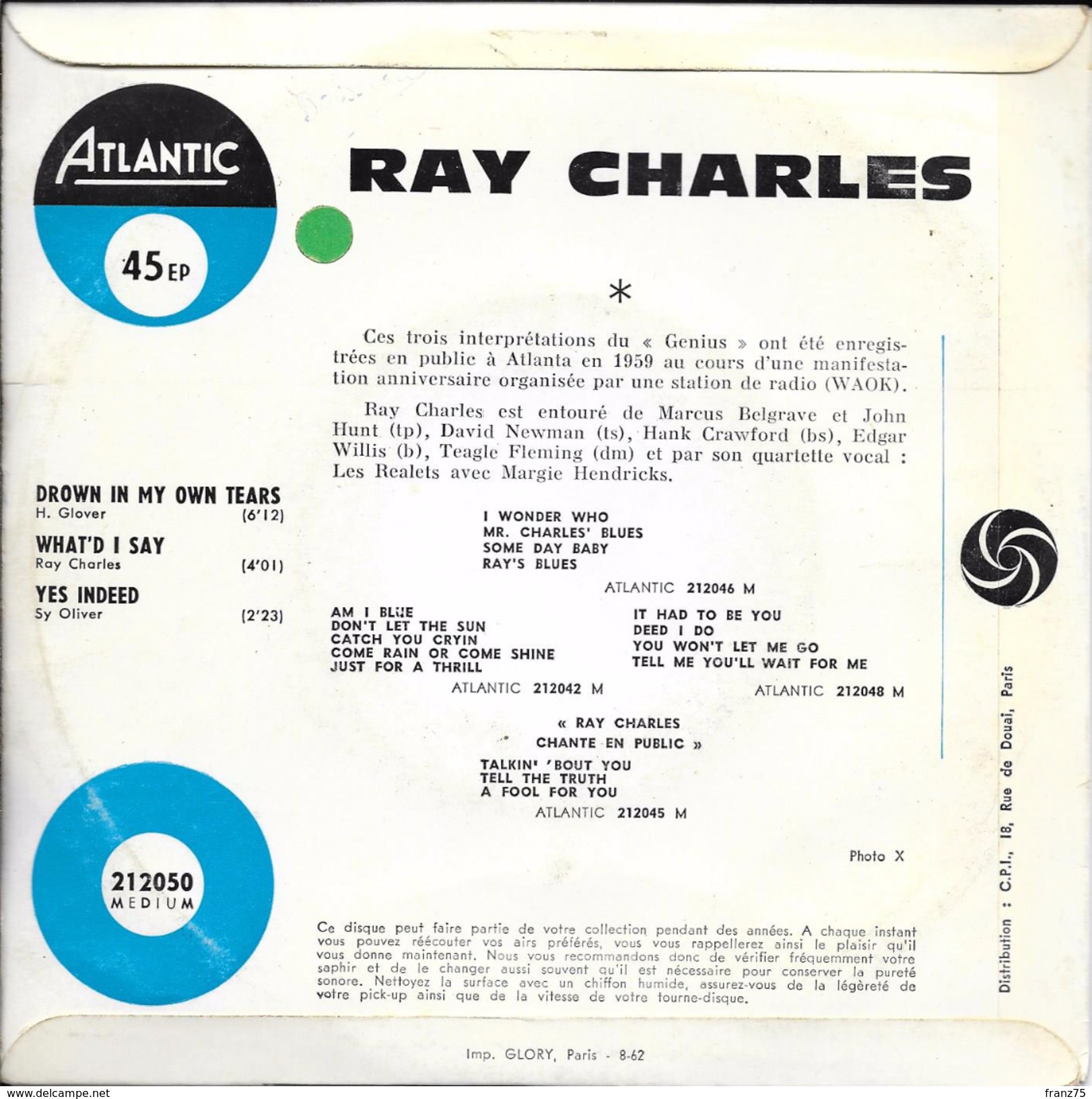 Ray CHARLES-Drown In My Own Tears-super 45 T.(3 Titres) ATLANTIC-BE - Blues