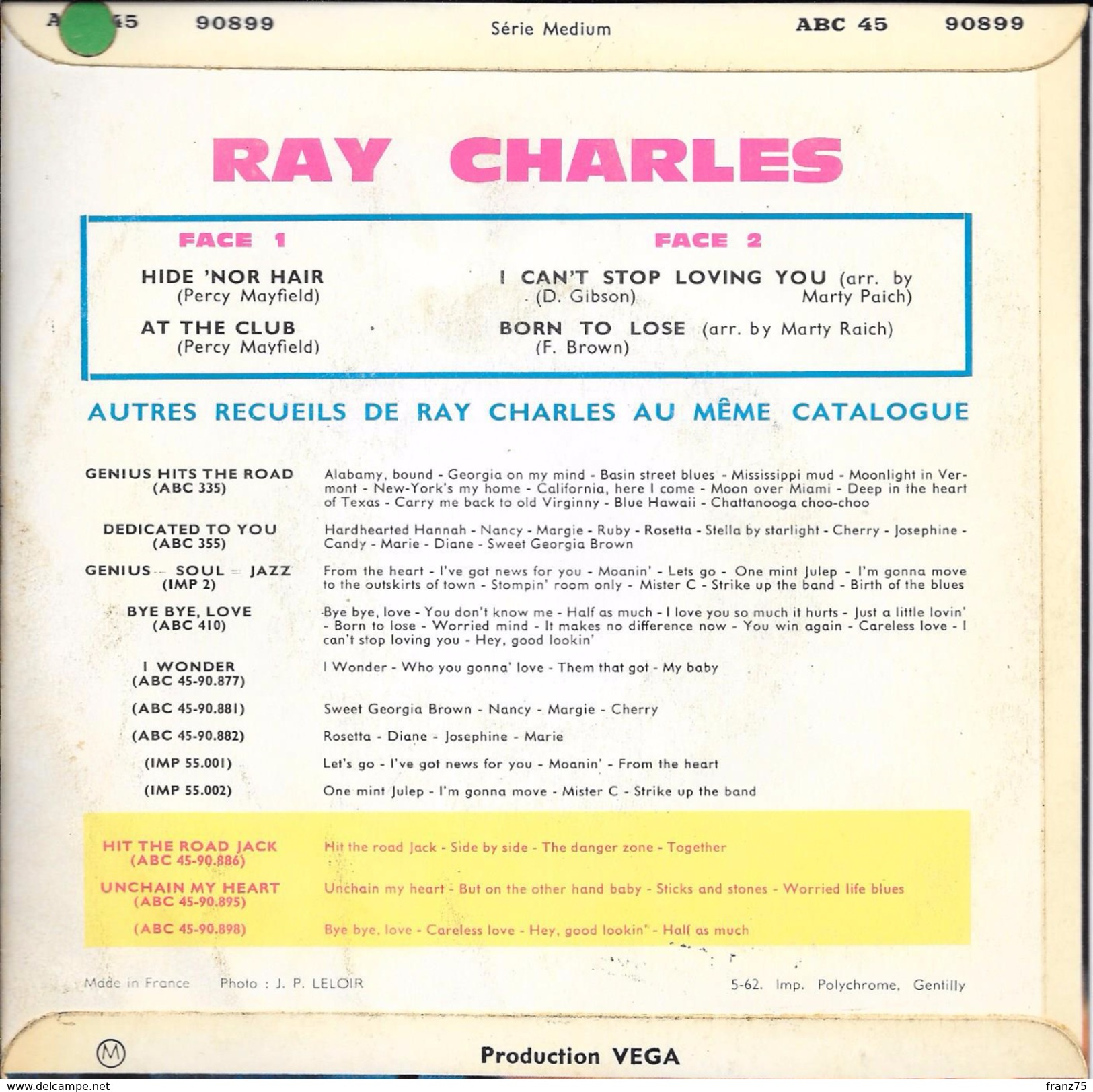 Ray CHARLES-"I Cant' Stop Loving You"-super 45 T.(4 Titres)- Atlantic-BE - Blues