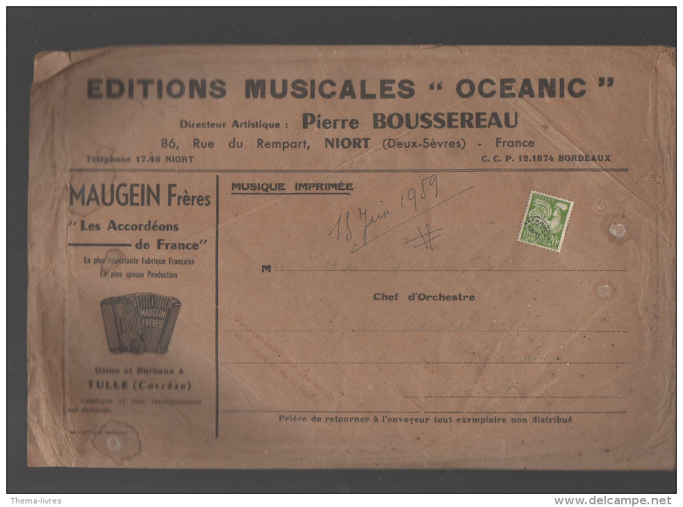 (Niort, Deux Sèvres)  ) Enveloppe OCEANIC (musique Imprimée) Avec Préoblitéré Coq 20f  ,1959 (PPP3511) - 1953-1960