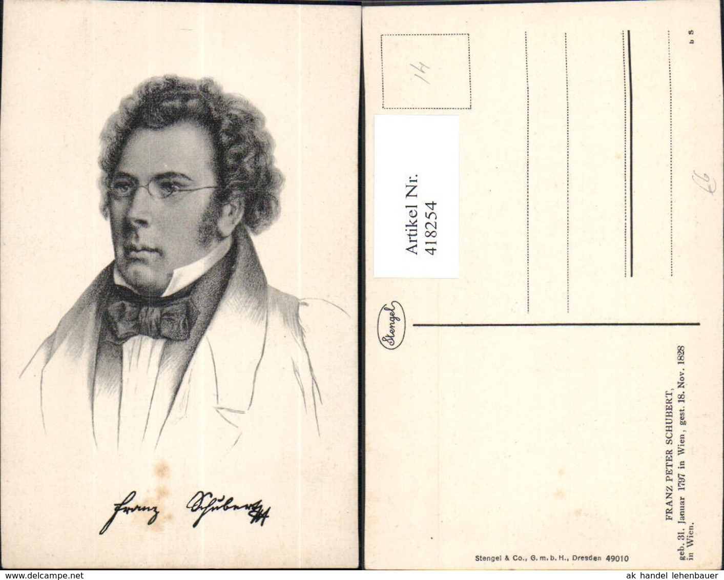 418254,K&uuml;nstler Ak Franz Schubert Komponist Musik Pub Stengel Co 49010 - Schriftsteller