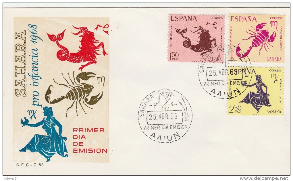 SAHARA - FDC - Yvert Série 251 à 253 - 25/4/1968 - Signes Du Zodiaque - Astrology