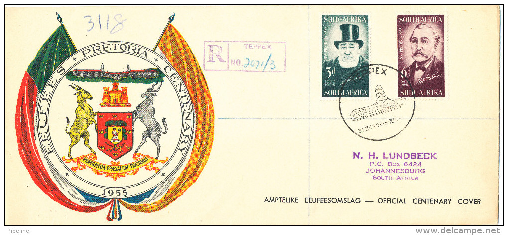 South Africa Registered FDC TEPPEX 21-10-1955 Complete Set PRETORIA Centenary With Very Nice Cachet And Address - FDC