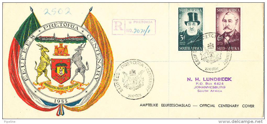 South Africa Registered FDC 21-10-1955 Complete Set PRETORIA Centenary With Very Nice Cachet And Address - FDC