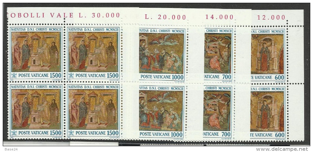 1992 Vaticano Vatican NATALE  CHRISTMAS 4 Serie Di 4v. MNH** In Quartina Angolare Bl.4 - Natale