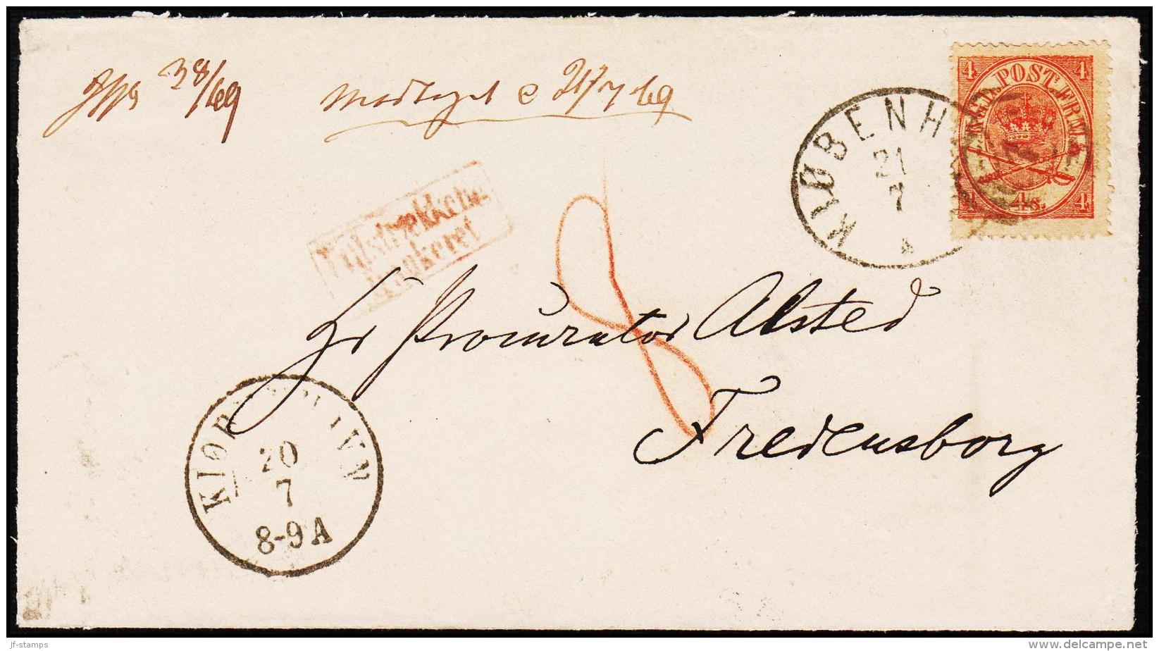 1865. Large Oval Type. 4 Skilling Bright Red. Perf. 13x12½ Cancelled 1 KJØBENHAVN 21 7 ... (Michel: 13Aa) - JF194839 - Briefe U. Dokumente