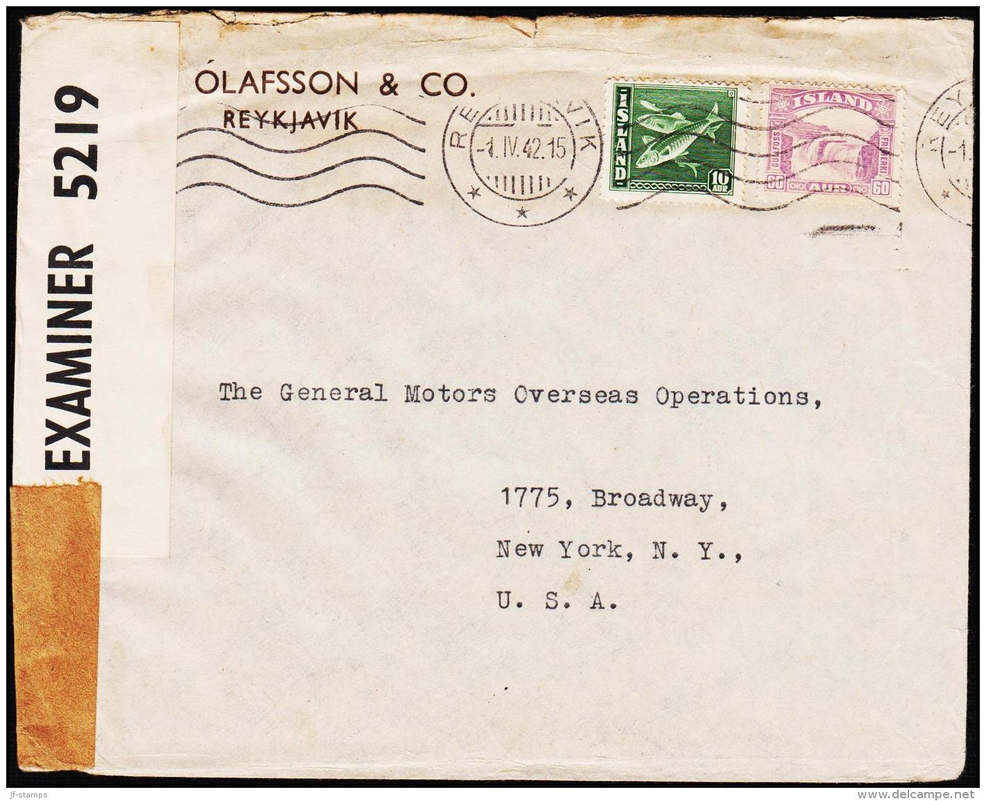 1932. Gullfoss. 60 Aur Lilac  + 10 Aur REYKJAVIK 1.IV.42. To New York, USA. P.C. 90 OPE... (Michel: 153+) - JF194801 - Lettres & Documents