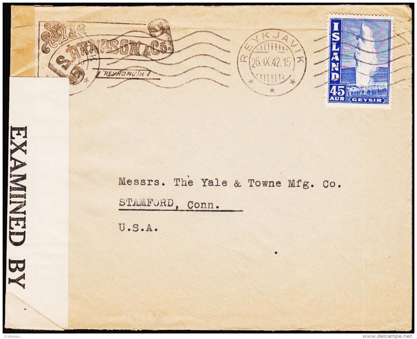 1940. Geysir. 45 Aur Blue REYKJAVIK 26.IX.42 TO Stamford, Conn. USA. Advertisement S. A... (Michel: 217A) - JF194799 - Covers & Documents