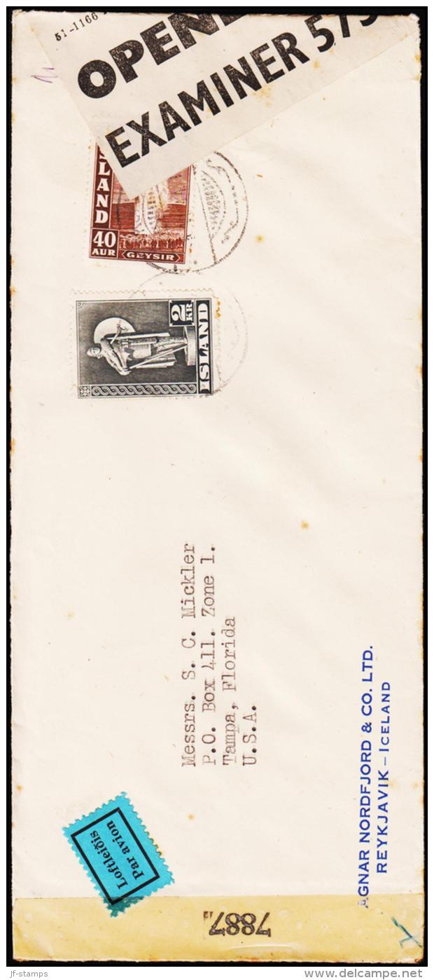 1939. Geysir. 40 Aur Brown + 2 Kr. REYKJAVIK 5. VII. 44. To Tampa, Florida, USA. EXAMIN... (Michel: 213A) - JF194803 - Storia Postale