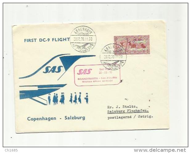 DANEMARK   :   Enveloppe 1er Vol Sue DC 9  Copenhague  Salzburg  Du 20 12 1970 - Lettres & Documents