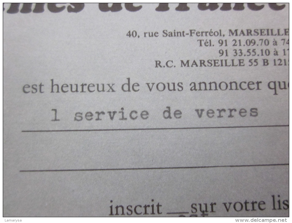 AUX DAMES DE FRANCE "service De Verre " PUBLICITAIRE Publicité Liste Rayon Cadeaux De Mariage Voeux De Bonheur Marseille - Altri & Non Classificati