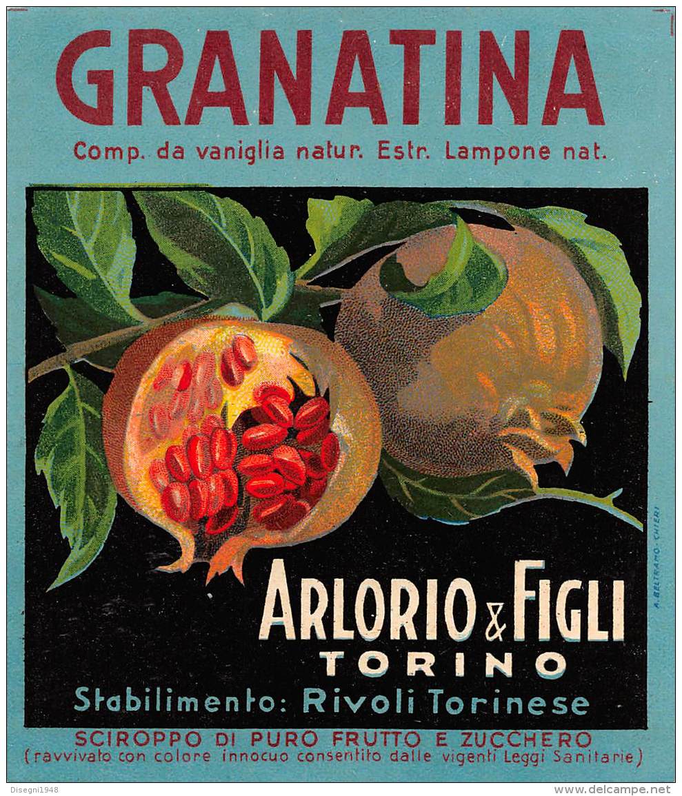 05946 "RIVOLI T.SE (TO) GRANATINA - SCIROPPO DI PURO FRUTTO E ZUCCHERO - ARLORIO &amp; FIGLI - TORINO". ETICHETTA ORIGIN - Altri & Non Classificati