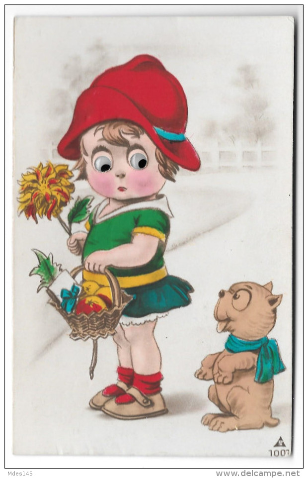 Girl W Basket And Dog Mechanical Add On Moving Eyes German Novelty Postcard Ph - Mechanical