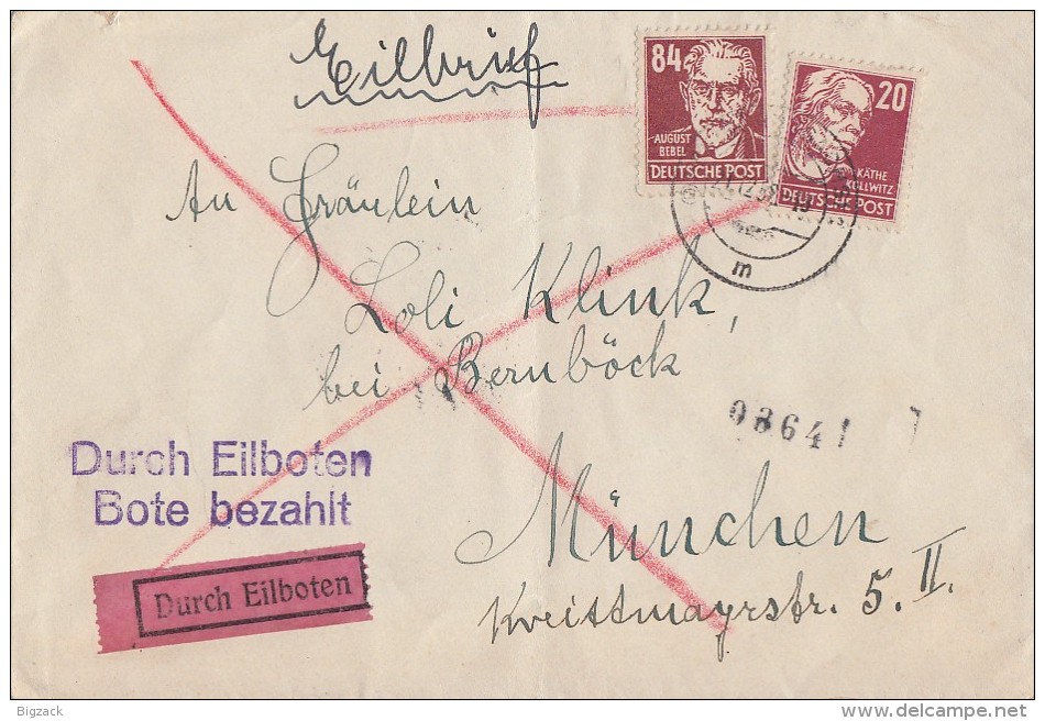 SBZ Brief Eilbote Mif Minr.219,227 Freiberg 21.12.52 Gel. Nach München - Sonstige & Ohne Zuordnung