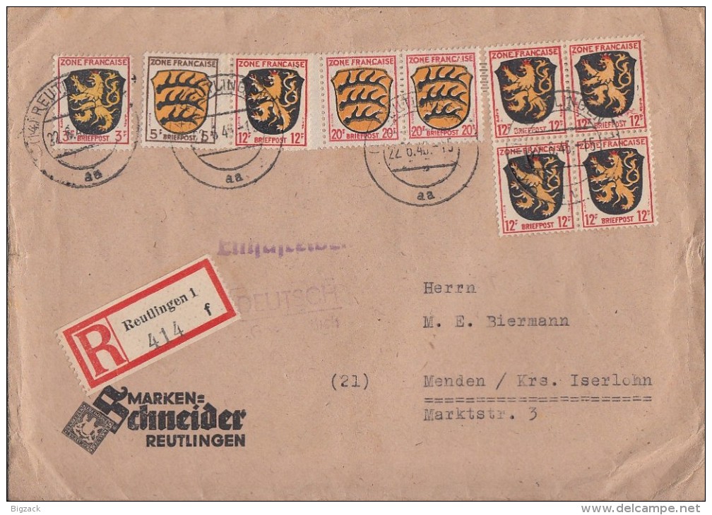 Fr. Zone R-Brief Mif Minr.2, 3, 5x 6, 2x 8 Reutlingen 22.6.46 - Sonstige & Ohne Zuordnung