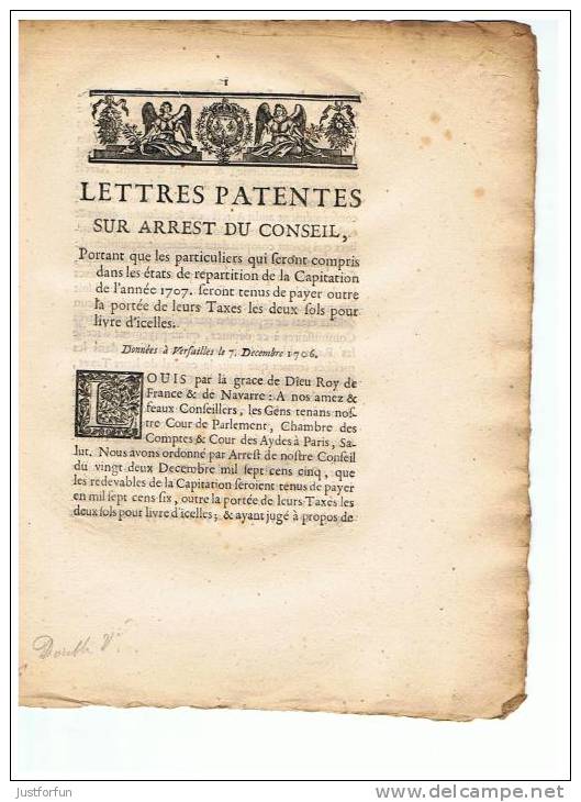 LETTRES PATENTES SUR ARREST DU CONSEIL 7 DECEMBRE 1706 - Décrets & Lois