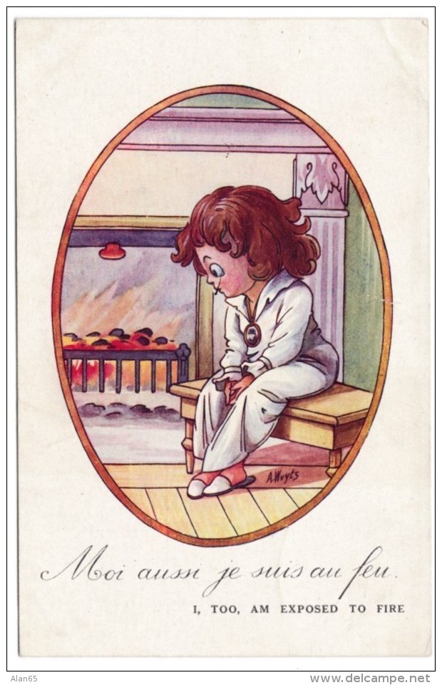 Wuyts Artist Signed, Girl Sits By Fireplace 'I Too Am Exposed To Fire' WWI Humor, C1910s Vintage Postcard - Wuyts