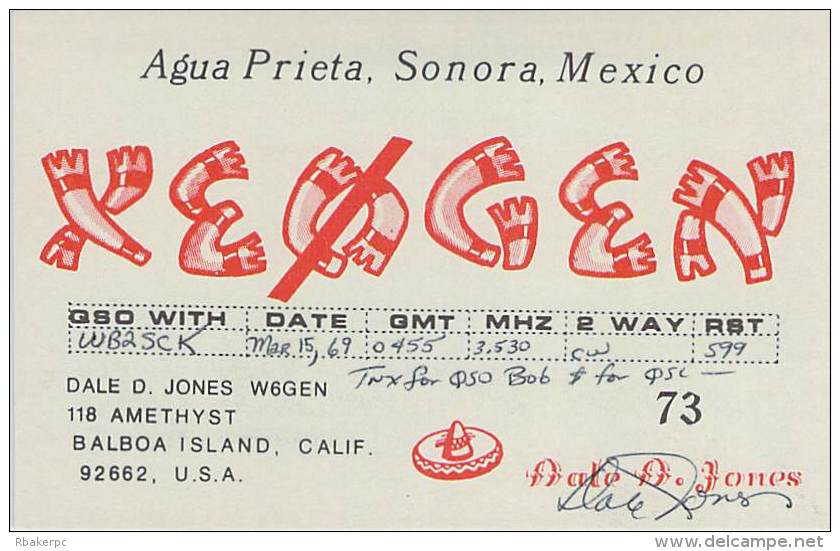 Amateur Radio QSL Card - XE0GEN - Sonora, Mexico - 1969 - Radio Amateur