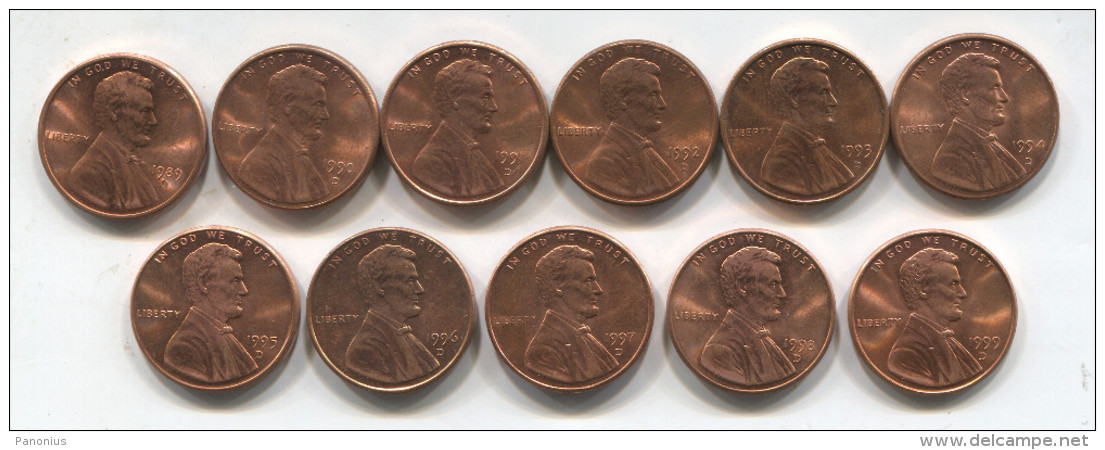 USA / UNITED STATES - ONE CENT , 1989 - 1999. D, Lot 11 Pcs - Autres & Non Classés