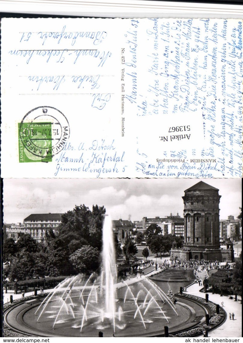 513967,Mannheim Friedrichsplatz Brunnen Wasserturm - Invasi D'acqua & Impianti Eolici