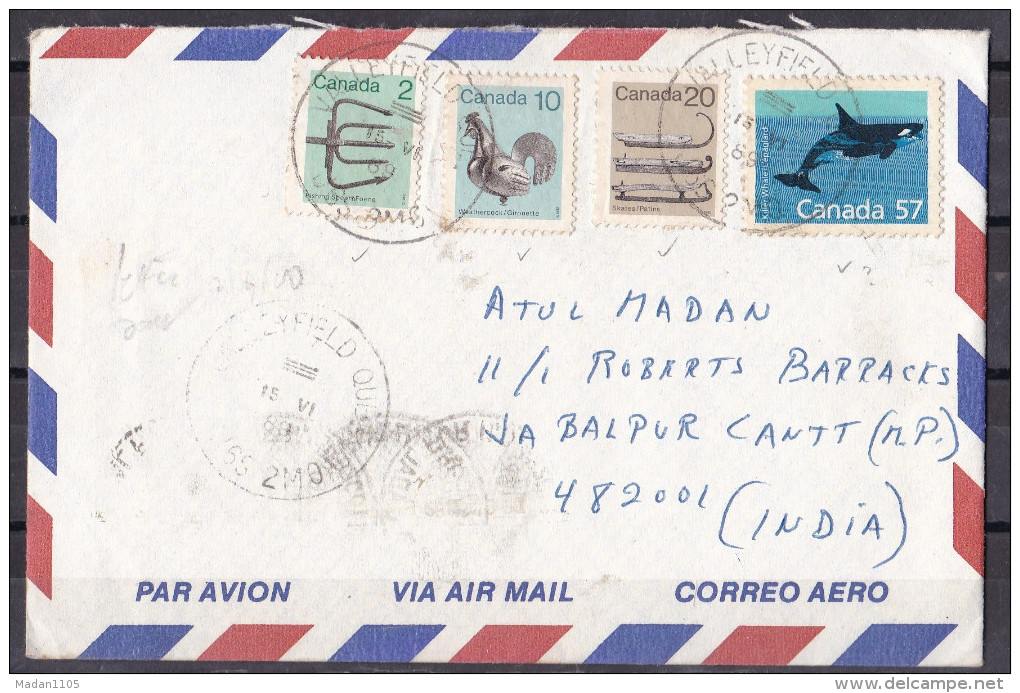 CANADA,  Airmail Cover From Canada To India, 4 Stamps, Fish, Hen - Storia Postale