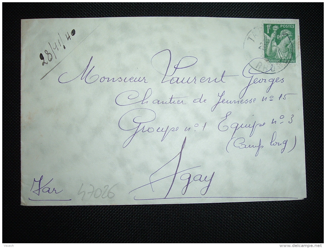 LETTRE TP IRIS 1F OBL.28-11-40 TARARE RHONE(69) CHANTIER DE JEUNESSE N°15 GROUPE N°1 EQUIPE N°3(Camp Long) AGAY (83 VAR) - Guerre De 1939-45