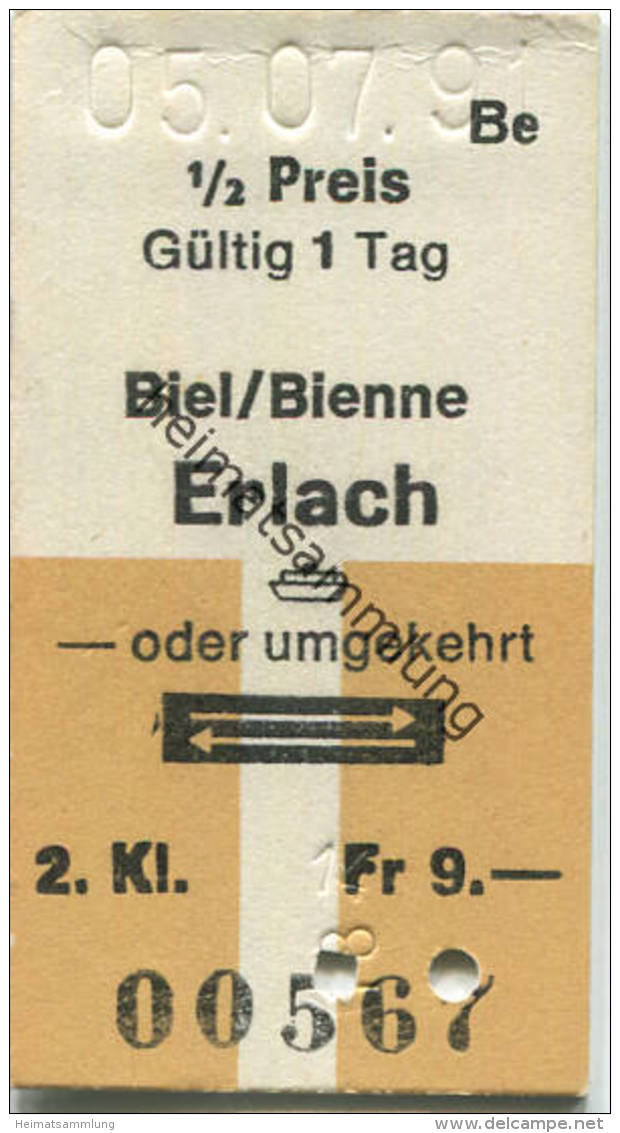 Biel/Bienne - Erlach Oder Umgekehrt - Fahrkarte Fr. 9.- 1991 - Europa