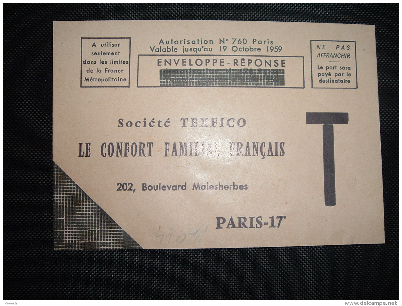 LETTRE ENVELOPPE REPONSE T Autorisation N°760 Paris Valable Jusqu'au 19 Octobre 1959 Société TEXFICO LE CONFORT FAMILIAL - Cards/T Return Covers