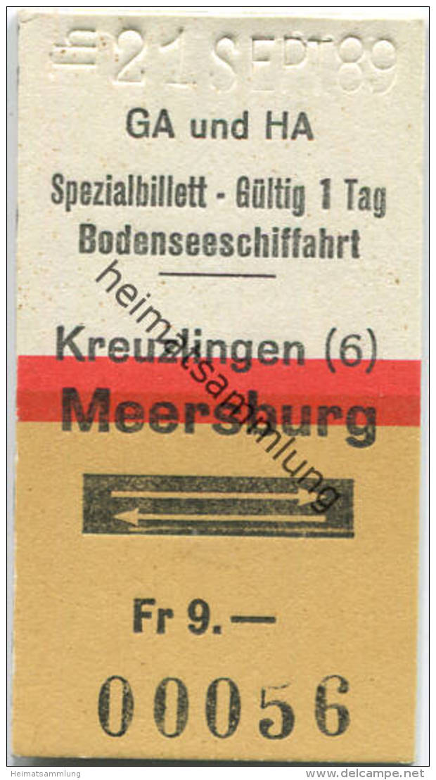 Spezialbillet - Bodenseeschiffahrt - Kreuzlingen - Meersburg Und Zurück - Fahrkarte Fr. 9.- 1989 - Europe