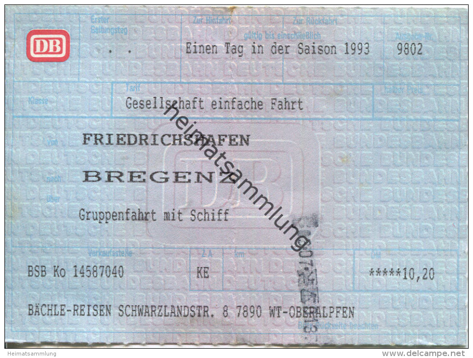 Friedrichshafen - Bregenz Fahrkarte 1993 - Gruppenfahrt Mit Schiff - Europa