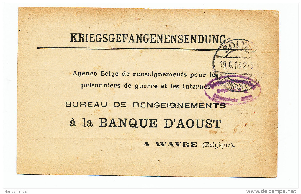 915/23 - SOLTAU 1916 - Carte De Prisonnier Préimprimée - Bureau De Renseignements Banque Daoust à WAVRE - Prisoners