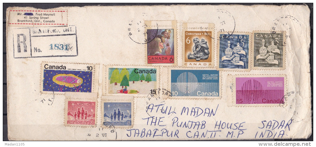 CANADA, 1971, Registered Air Mail Cover From Canada To India, 10 Stamps, Multiple Cancellations - Covers & Documents
