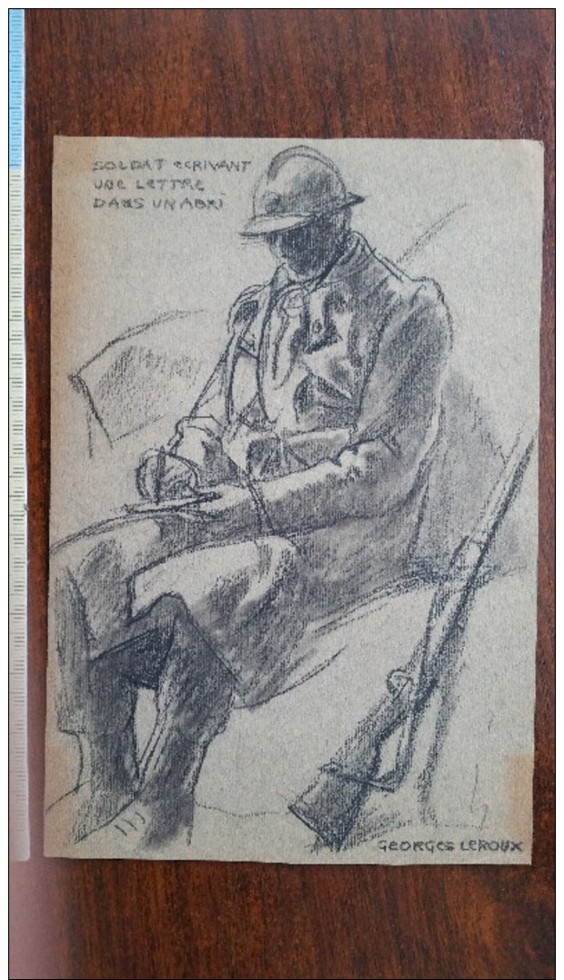 GEORGES LEROUX (1911-1997) SOLDAT ECRIVANT UNE LETTRE DANS UN ABRI WW2 SECONDE GUERRE /FREE SHIPPING R - Dessins