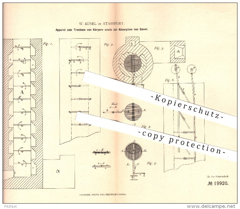 Original Patent - W. Küsel In Stassfurt , 1882 ,  Trocknen Von Körpern Und Absorption Von Gasen , Gas , Gase !!! - Historische Dokumente