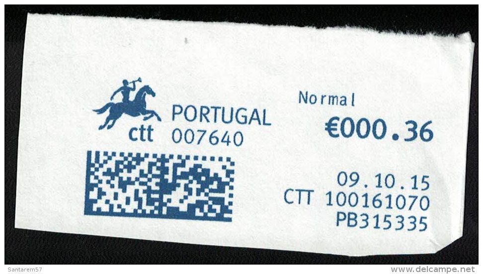 Portugal EMA Sur Fragment Datamatrix 09.10.2015 PB315335 Guichet 007640 - Machines à Affranchir (EMA)