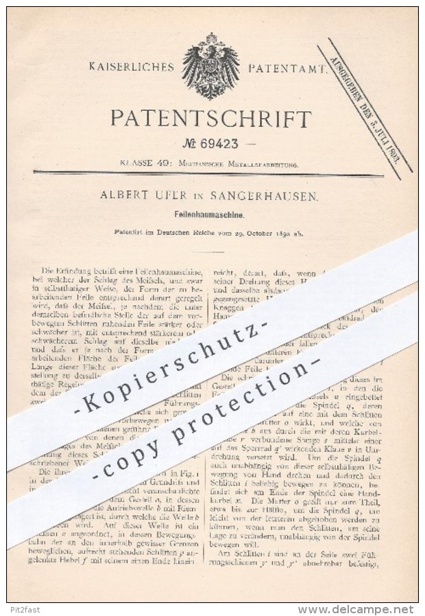 Original Patent - Albert Ufer In Sangerhausen , 1892 , Feilenhaumaschine , Feile , Feilen , Metall , Werkzeug , Meissel - Historische Dokumente