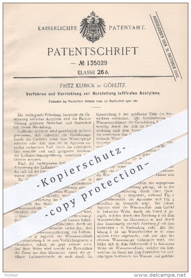 Original Patent - Fritz Kubick In Görlitz , 1901 , Herstellung Von Luftfreiem Acetylen , Karbid , Gas , Gase , Gasometer - Historical Documents